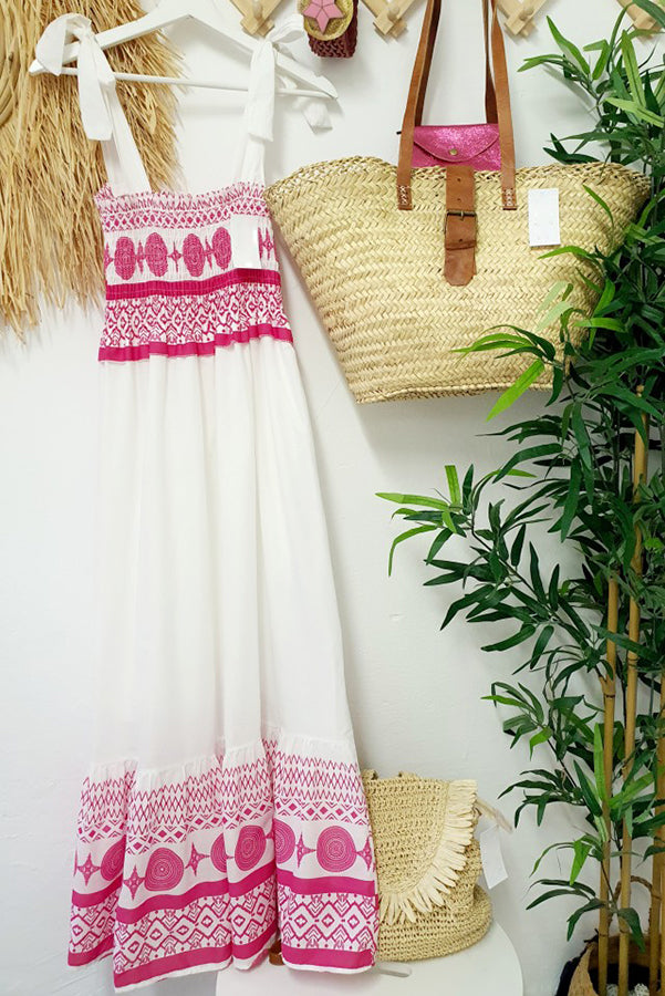 LP | Malibu Villa Maxi abito etnico stampato con spalle smocked
