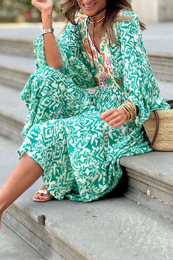 LP | Ledell Maxi abito verde con scollo a V e stampa di totem