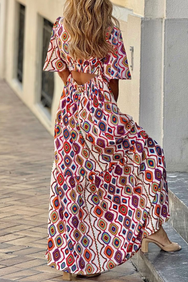 LP | Abito midi vintage con scollo a V e manica corta a quadri