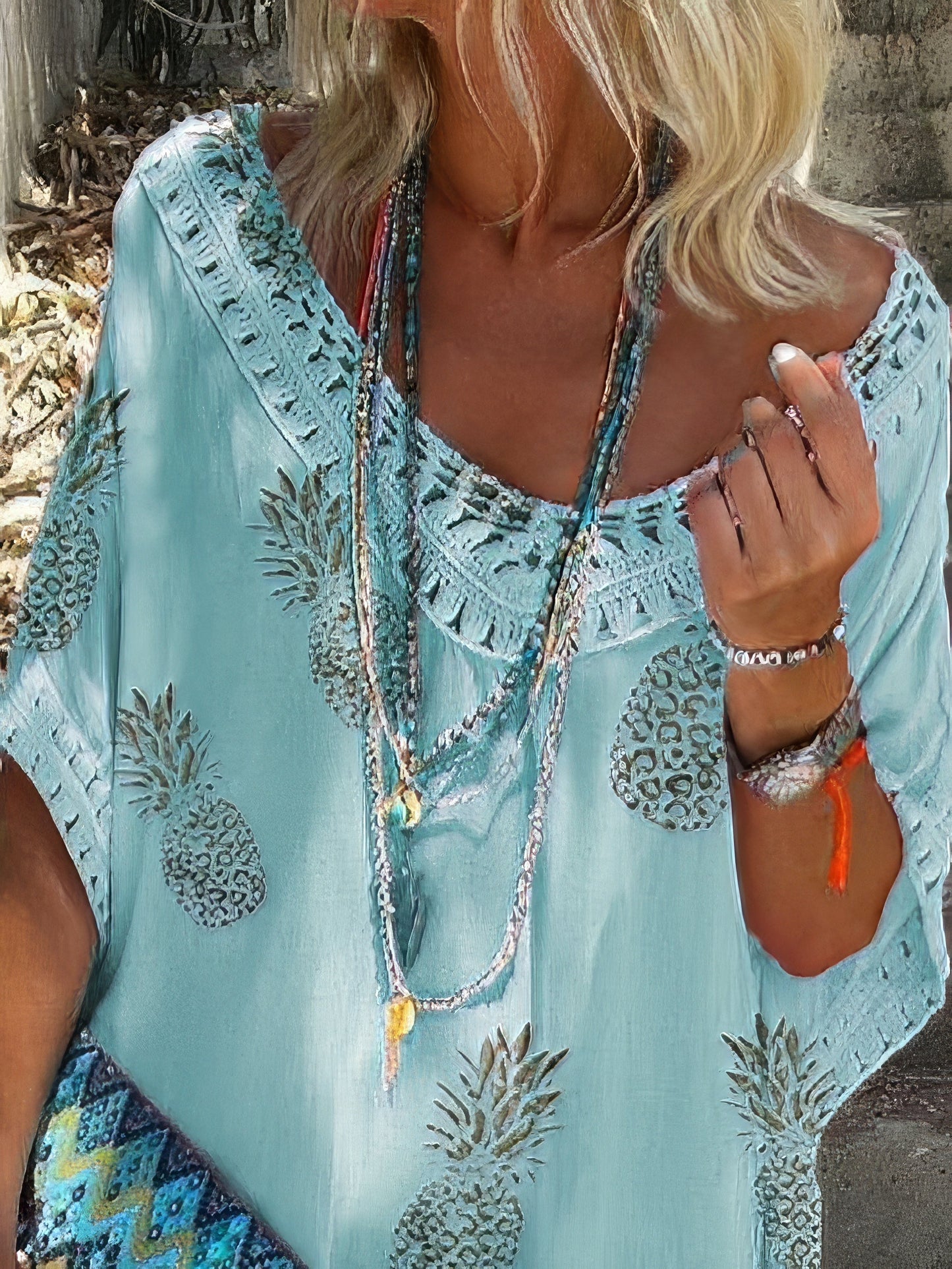 LP | Mini abito casual allentato in pizzo con scollo a V e stampa ananas