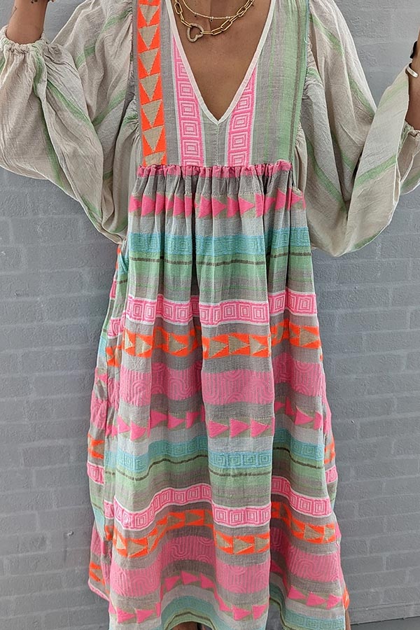 LP | Abito midi a righe rosa con chiave greca e collana arancione