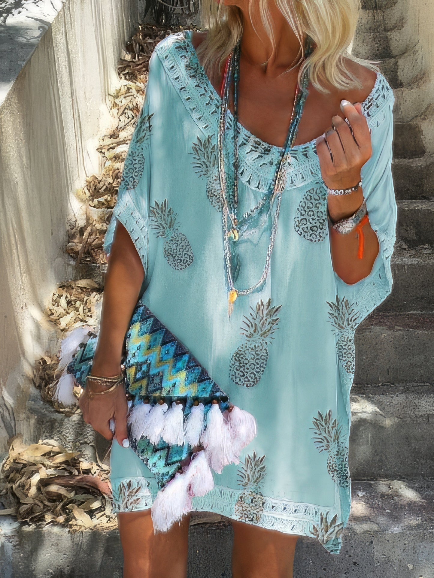 LP | Mini abito casual allentato in pizzo con scollo a V e stampa ananas