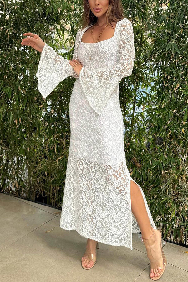 LP | Luxe Lifestyle - Vestito midi in pizzo con scollo quadrato e maniche a campana, foderato e con spacco
