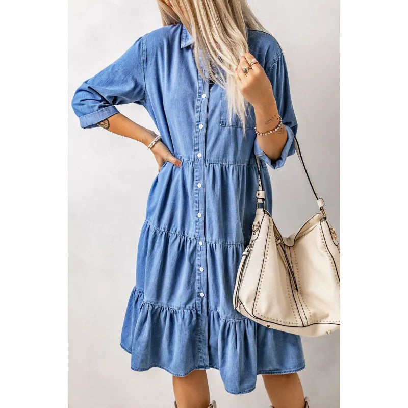 LP | Mini abito in chambray con volant e abbottonatura in denim