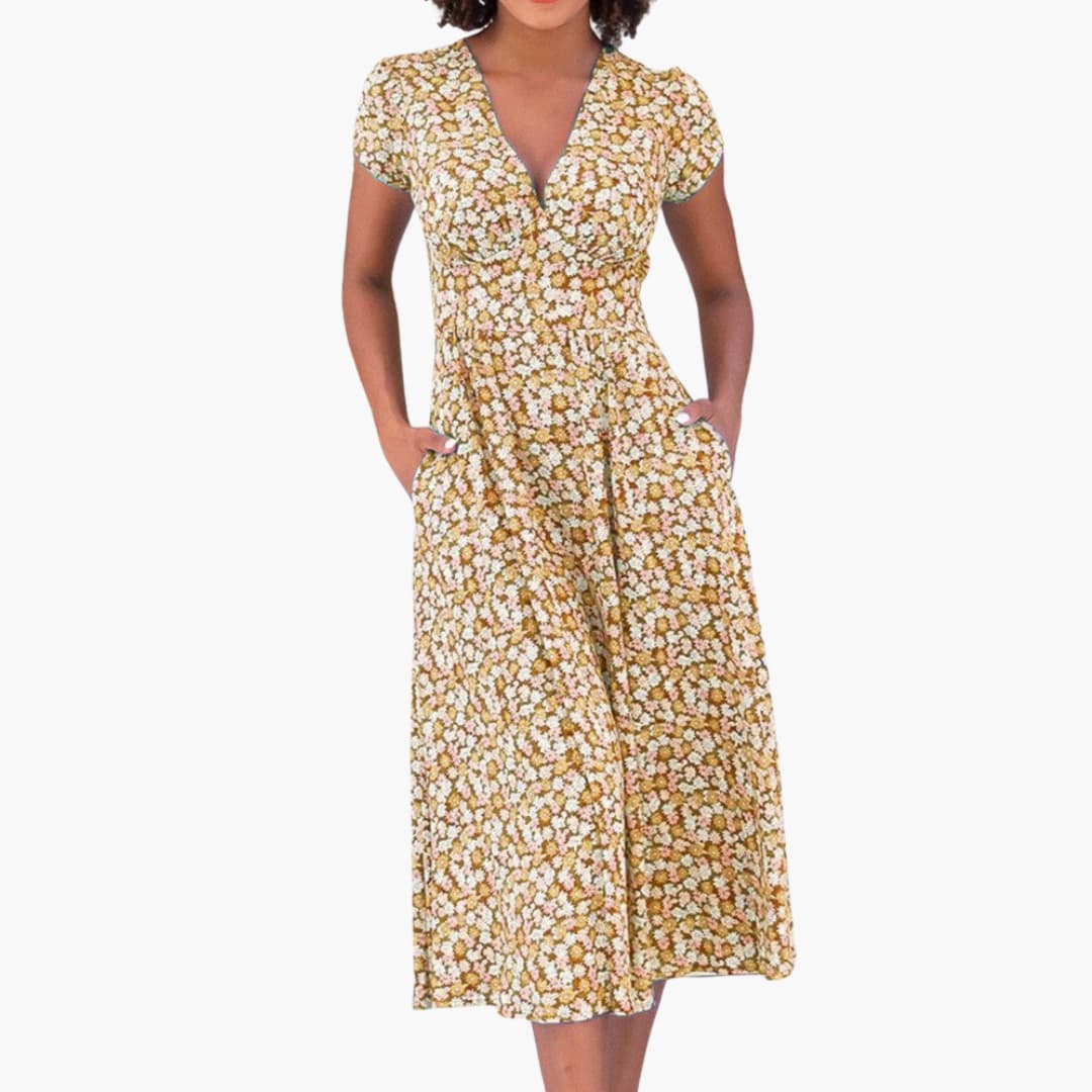 LP | Abito midi floreale da donna con tasche e maniche corte