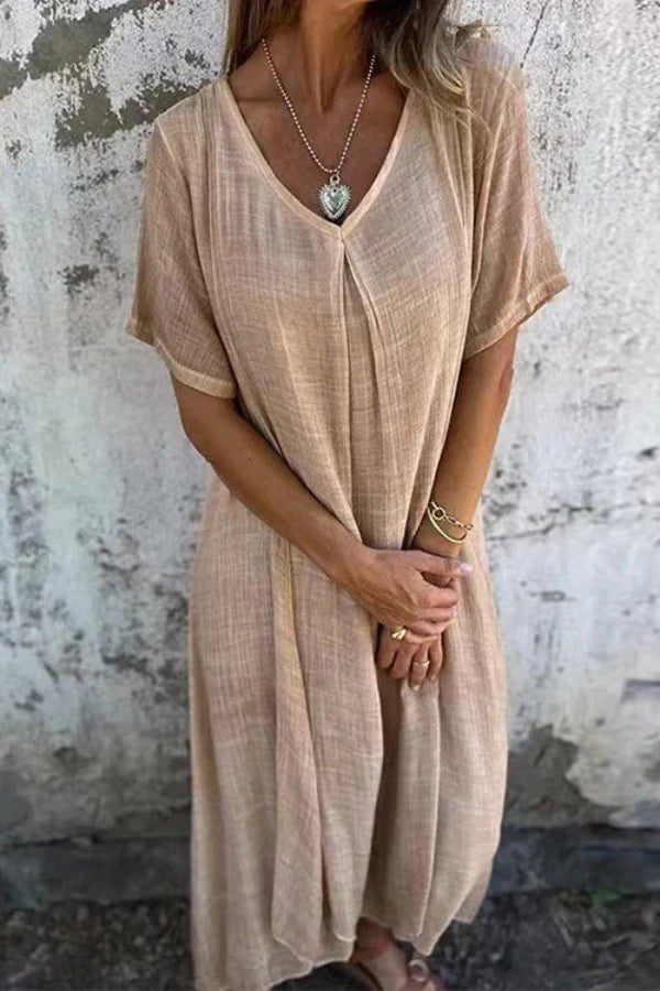 LP | Abito midi in cotone e lino con scollo a V e vestibilità ampia