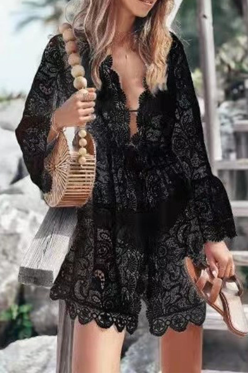 LP | Casual Holiday solido pizzo ricamato costumi da bagno coprire