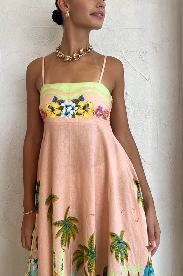 LP | Coconut Scenery in misto lino con stampa tropicale e abito midi con schienale smockato