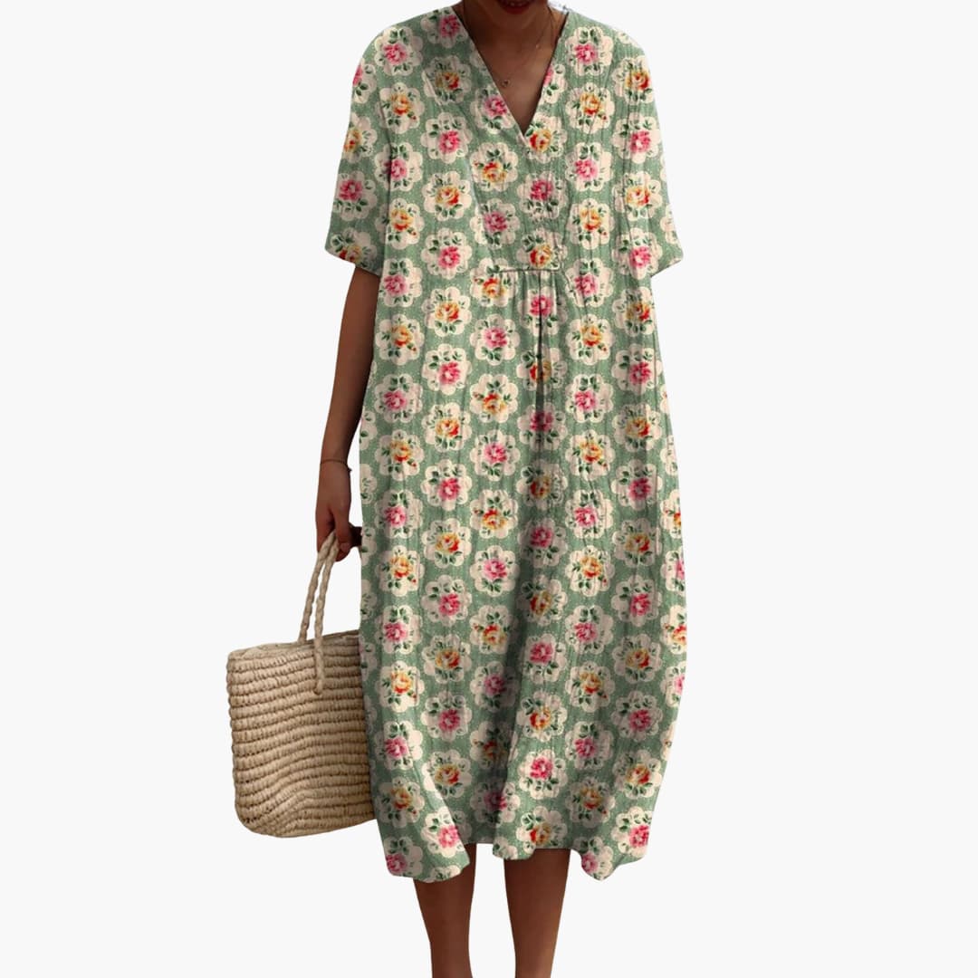 LP | Abito midi da donna a maniche corte con scollatura a V con stampa floreale