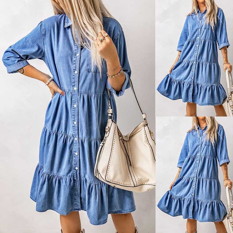 LP | Mini abito in chambray con volant e abbottonatura in denim