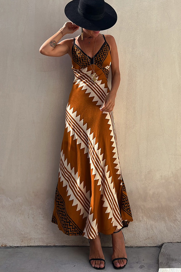LP | Always Falling - Vestito midi in raso con stampa etnica e schiena smockata