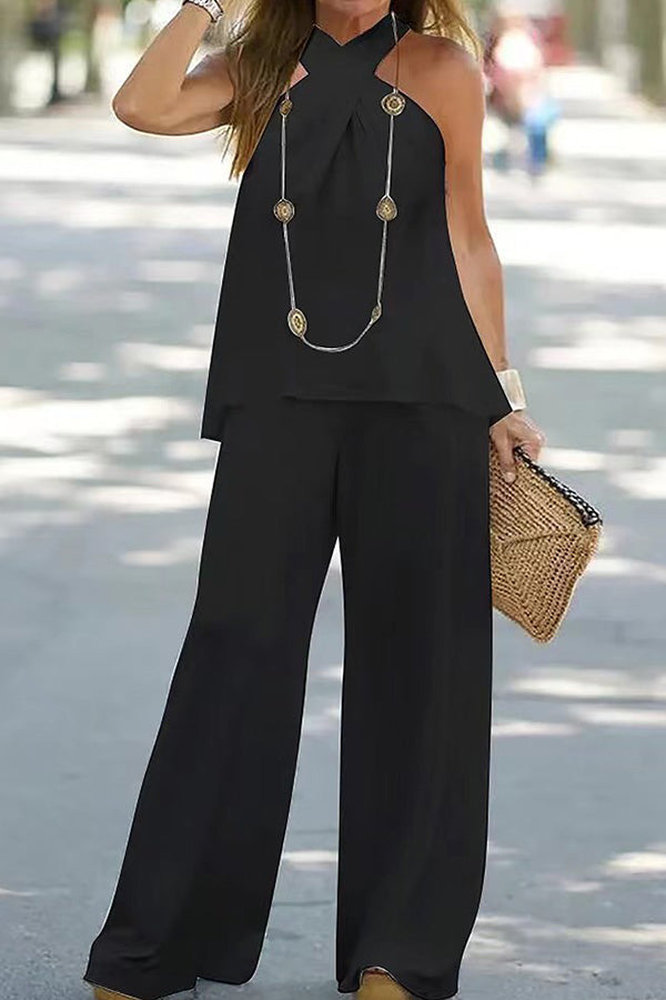 LP | moda casual con collo a cavezza in tinta unita, senza maniche e con pantaloni a gamba larga