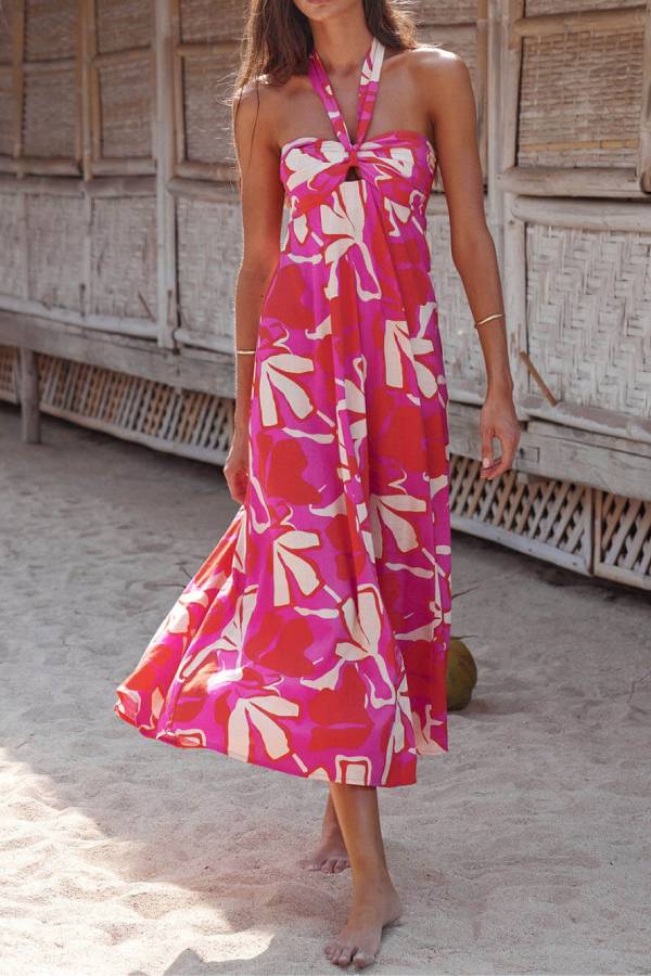 LP | Vestito midi con stampa a fiori di loto con scollo a mezzaluna