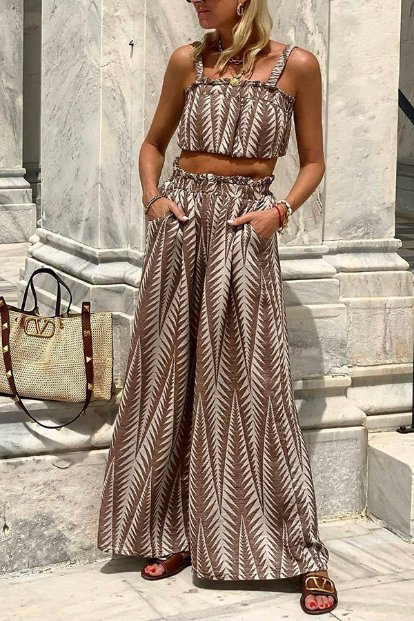 LP | Isola tropicale verde stampa vegetale marrone top canotta pantaloni larghi abito