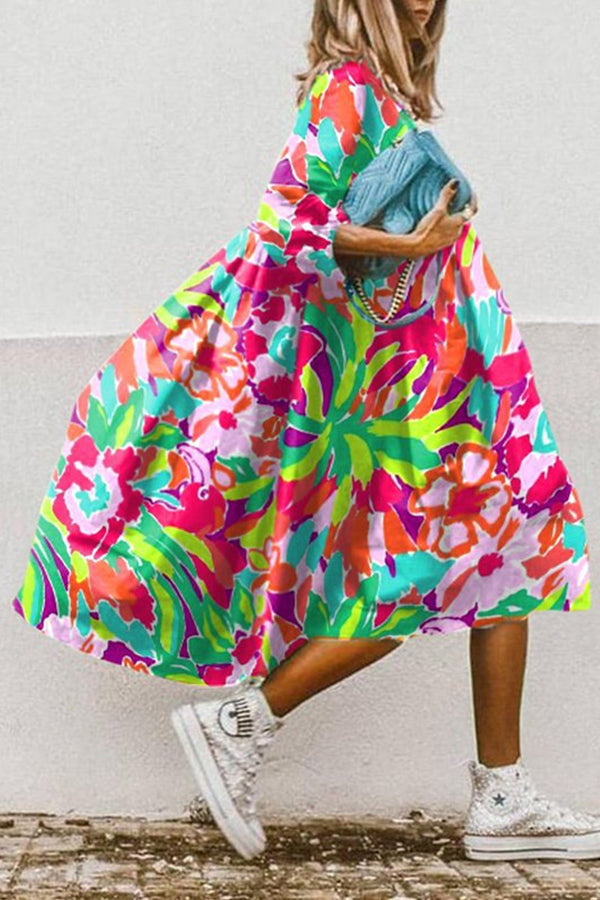 LP | Vestito midi vintage con stampa floreale, orlo alto e basso, linea A