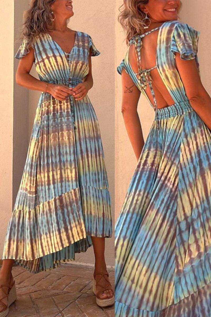 LP | Lorina - Vestito midi senza schienale con bottoni e stampa tie-dye