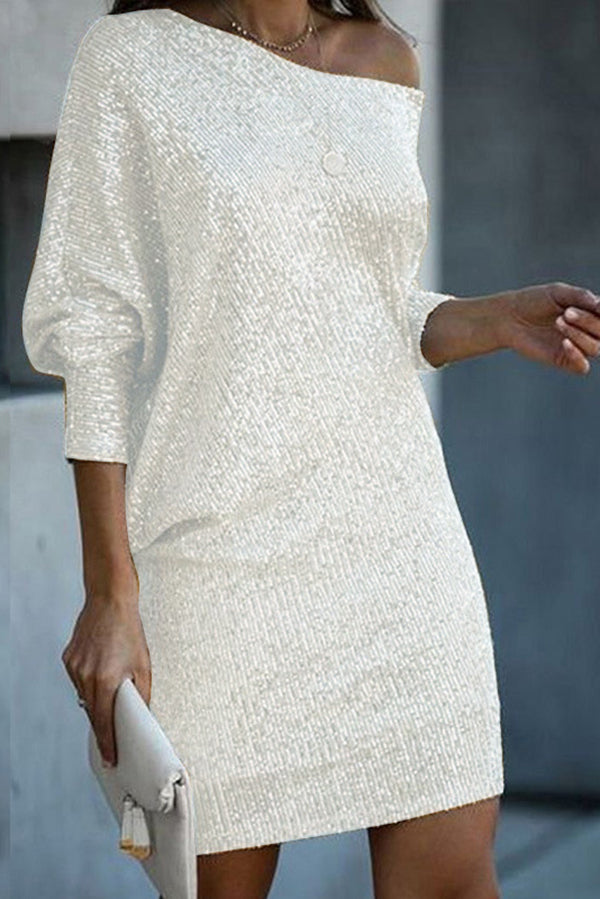 LP | Paillettes solide off-shoulder Mini abito allentato