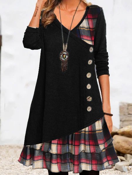 LP | Vestito midi abbottonato con maniche lunghe giornaliere casual e geometriche