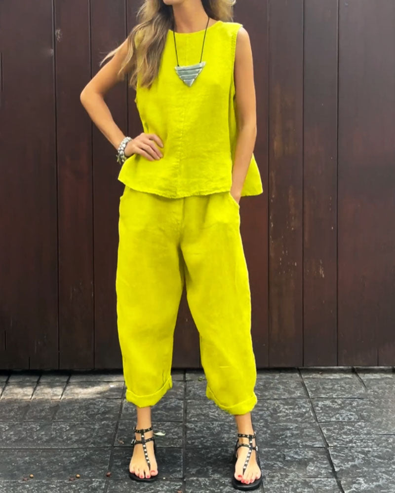 LP | Gilet senza maniche casual a tinta unita e pantaloni in cotone e lino in due pezzi