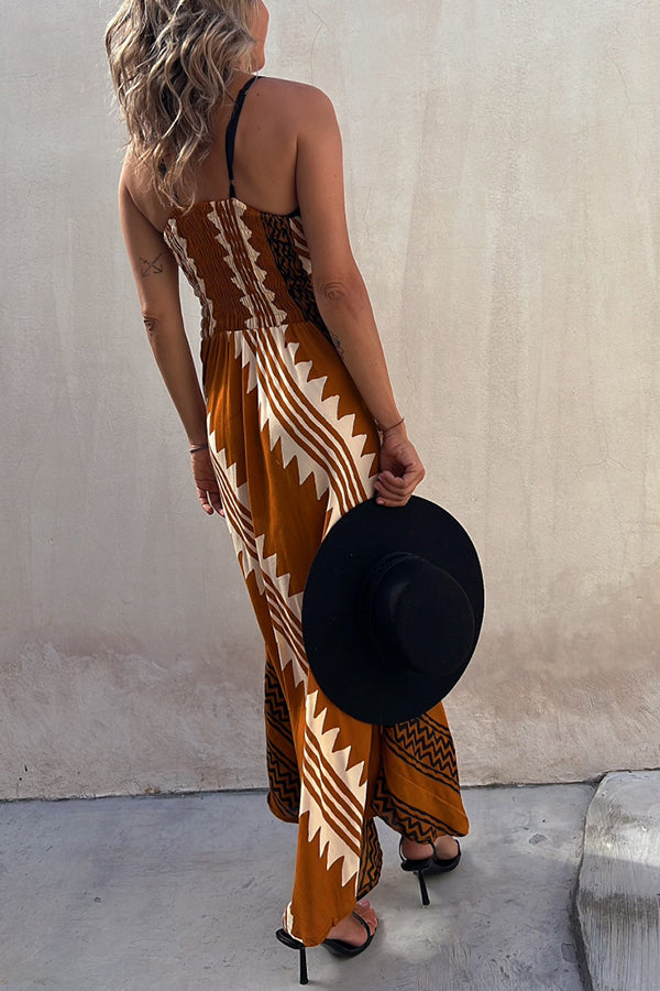 LP | Always Falling - Vestito midi in raso con stampa etnica e schiena smockata