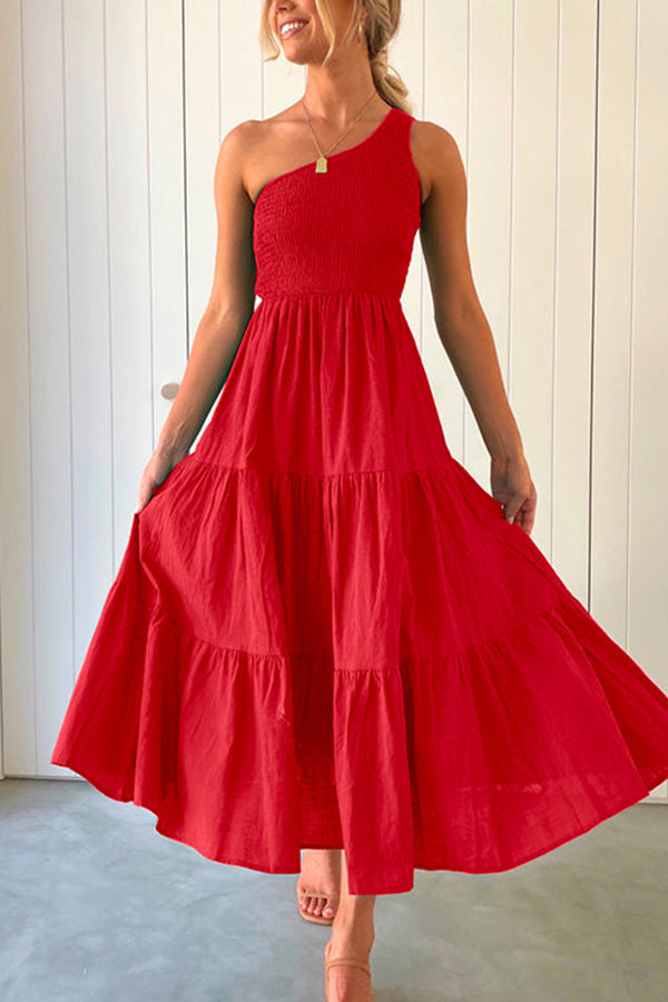 LP | Maxi abito senza maniche, off-the-shoulder, con volant e rouches