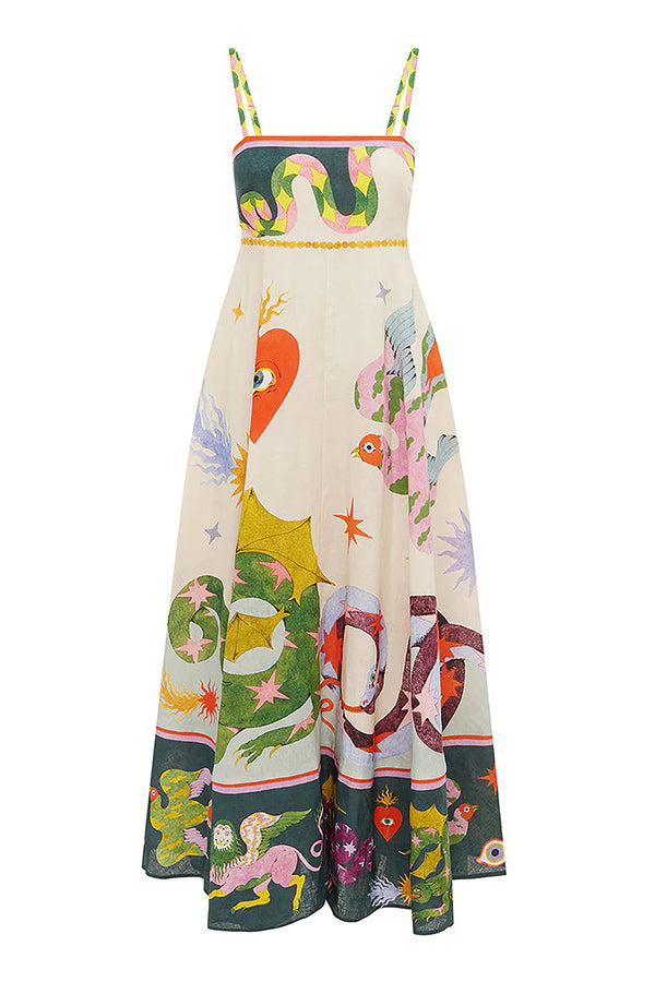 LP | Feel Effortlessly Abito midi in misto lino con stampa unica e retro smockato