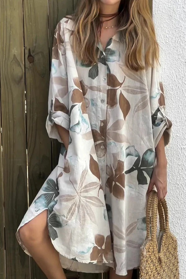 LP | Stampa botanica Abito midi sciolto a maniche lunghe, monopetto, con tasche