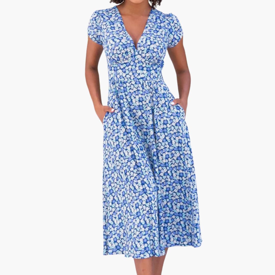LP | Abito midi floreale da donna con tasche e maniche corte