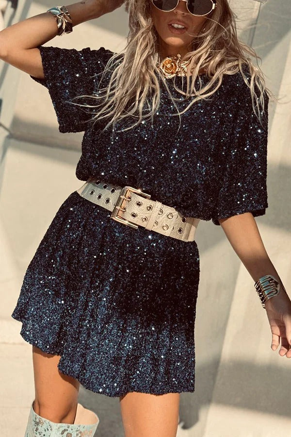 LP | Night Moves tessuto paillettes maniche corte backless linea H mini abito