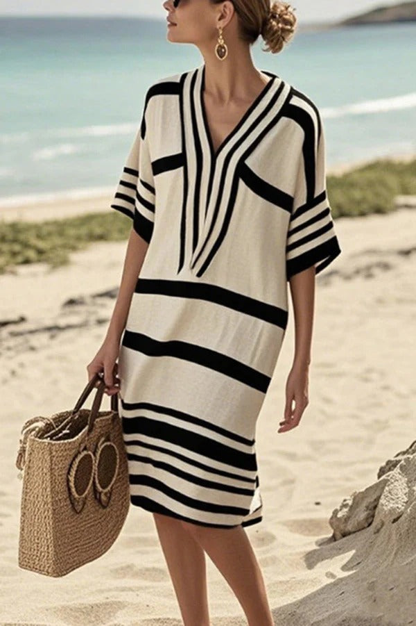 LP | Moda Stampa a righe con scollo a V Abito midi allentato per le vacanze