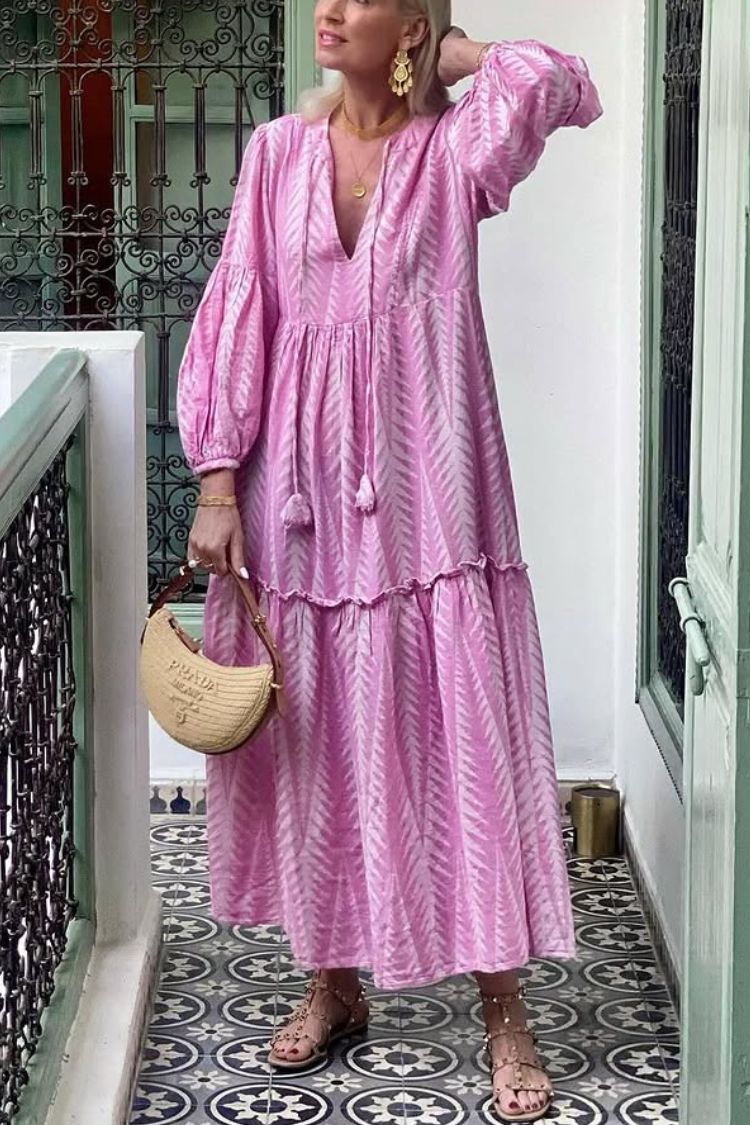 LP | Marrakech Stories Abito midi stampato in misto lino con maniche a palloncino e tasche ad A