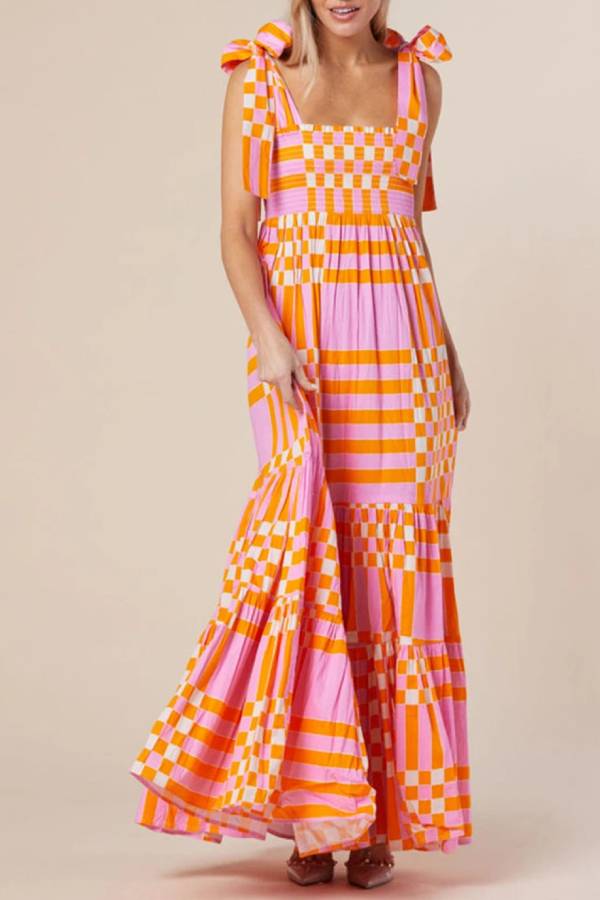LP | Maxi abito a quadri e strisce smocked con cravatta rosa