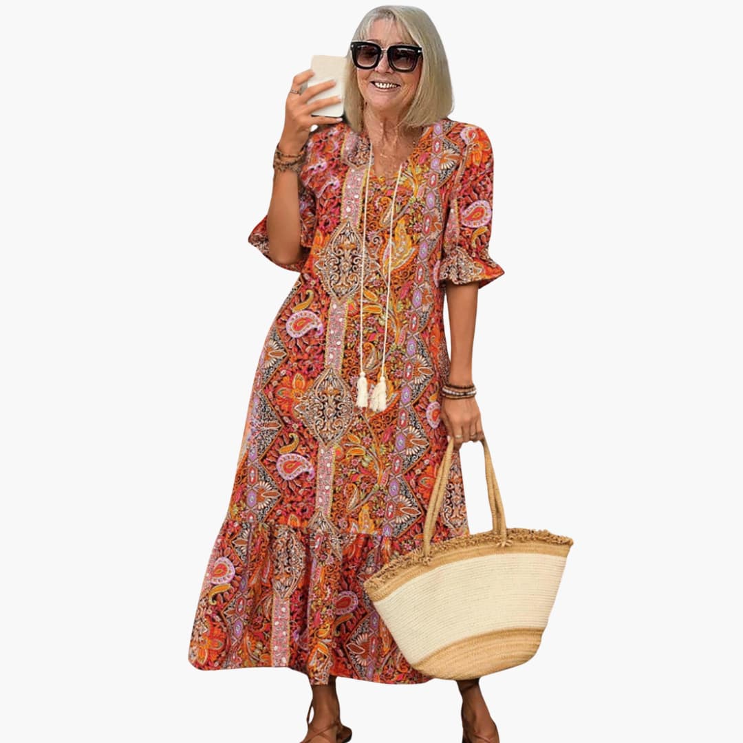 LP | Abito midi boho da donna con mezze maniche e stampa paisley