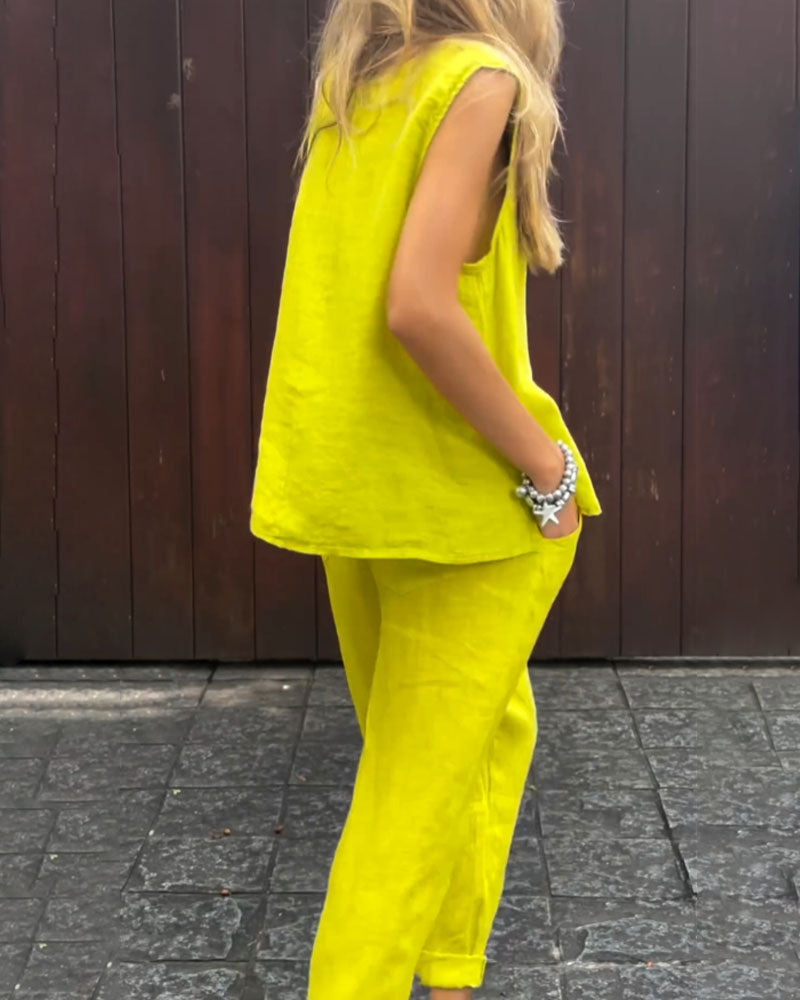 LP | Gilet senza maniche casual a tinta unita e pantaloni in cotone e lino in due pezzi