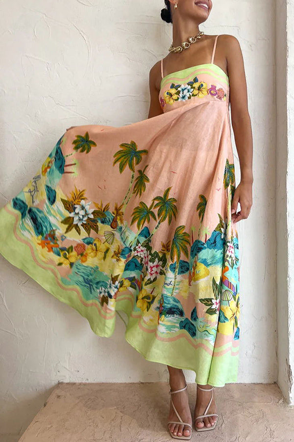 LP | Coconut Scenery in misto lino con stampa tropicale e abito midi con schienale smockato