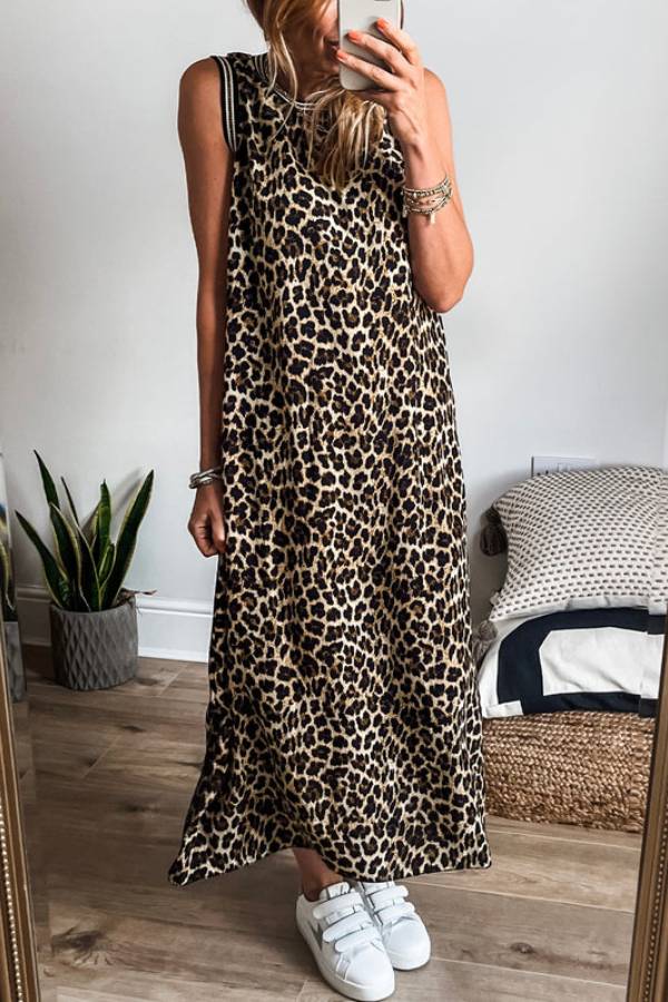 LP | Abito midi senza maniche a righe nere a contrasto con stampa leopardo