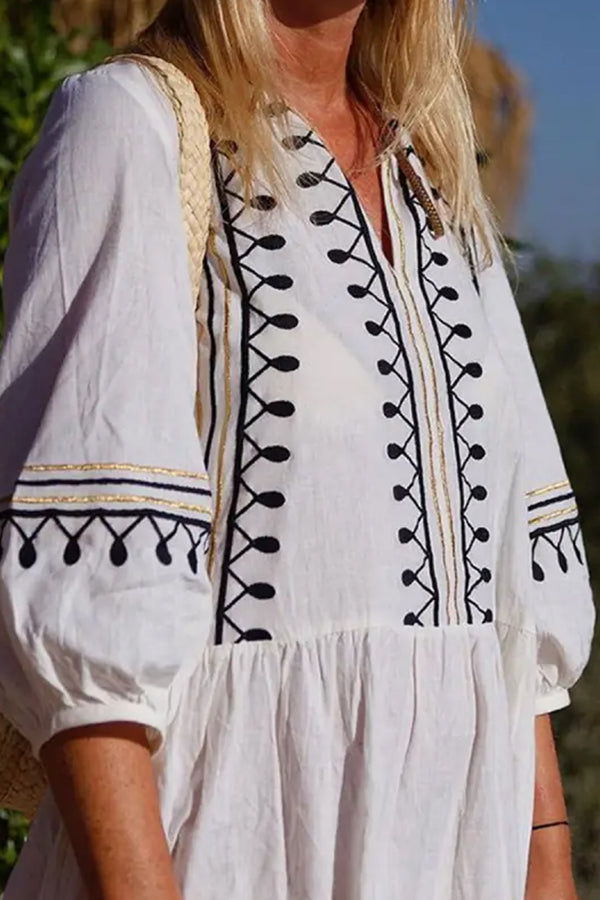 LP | Scollo a V Casual allentato ricamato Midi Abito midi con maniche