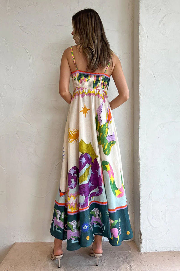 LP | Feel Effortlessly Abito midi in misto lino con stampa unica e retro smockato