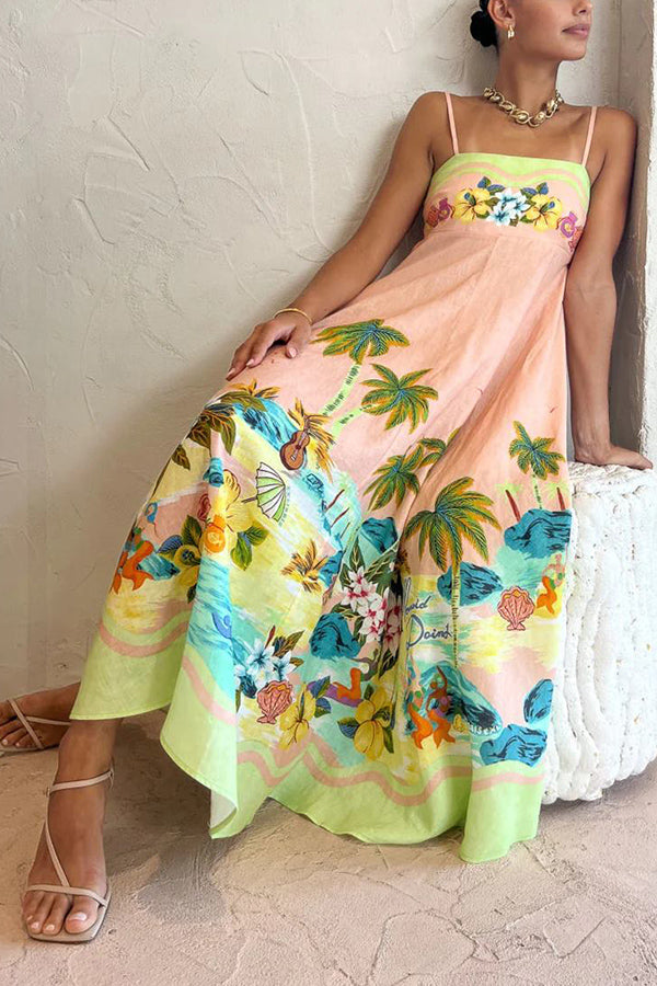 LP | Coconut Scenery in misto lino con stampa tropicale e abito midi con schienale smockato