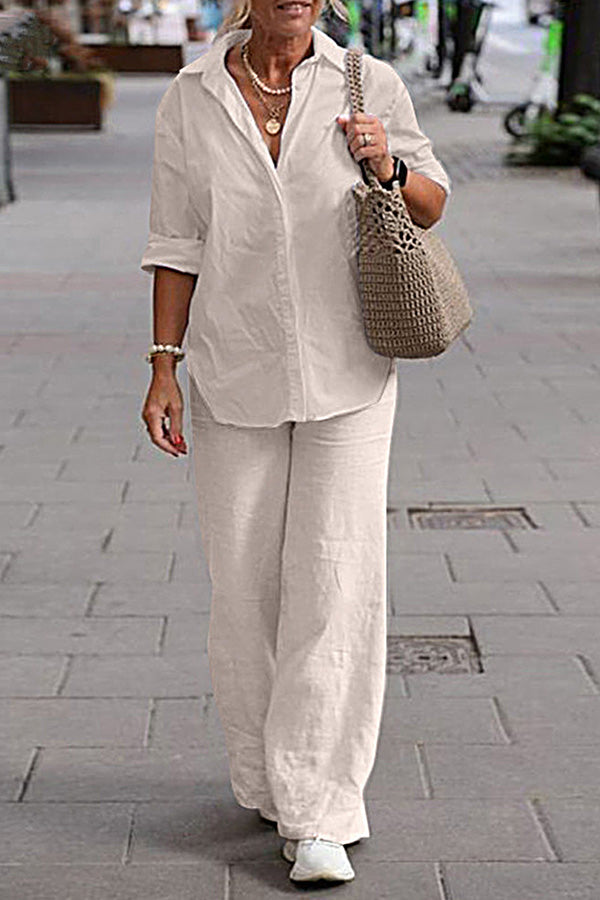 LP | Set di due pezzi Camicia con risvolto e manica lunga Pantaloni casual unicolore a gamba larga Abito