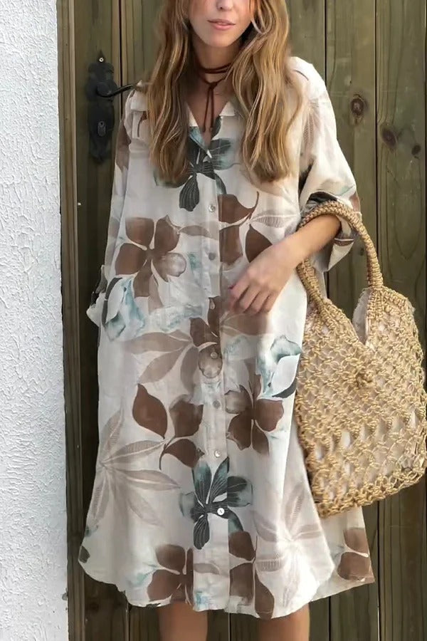 LP | Stampa botanica Abito midi sciolto a maniche lunghe, monopetto, con tasche