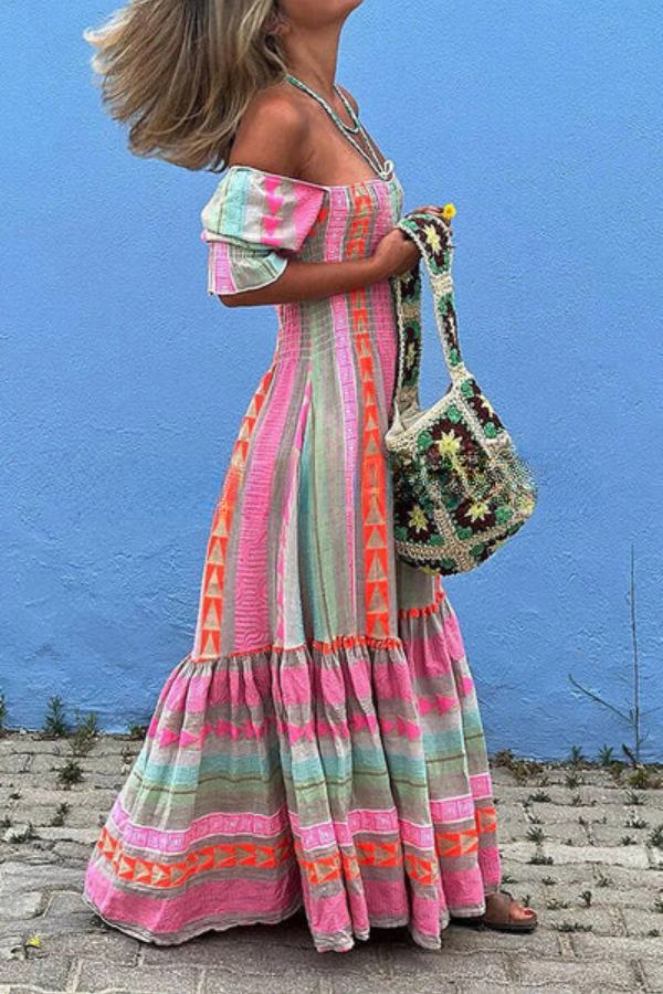 LP | Music Festival Abito con tasche geometriche a blocchi di colore Maxi abito boho in stile smocked