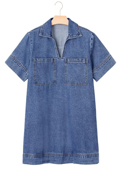 LP | Mini abito in denim a maniche corte con colletto e tasche applicate