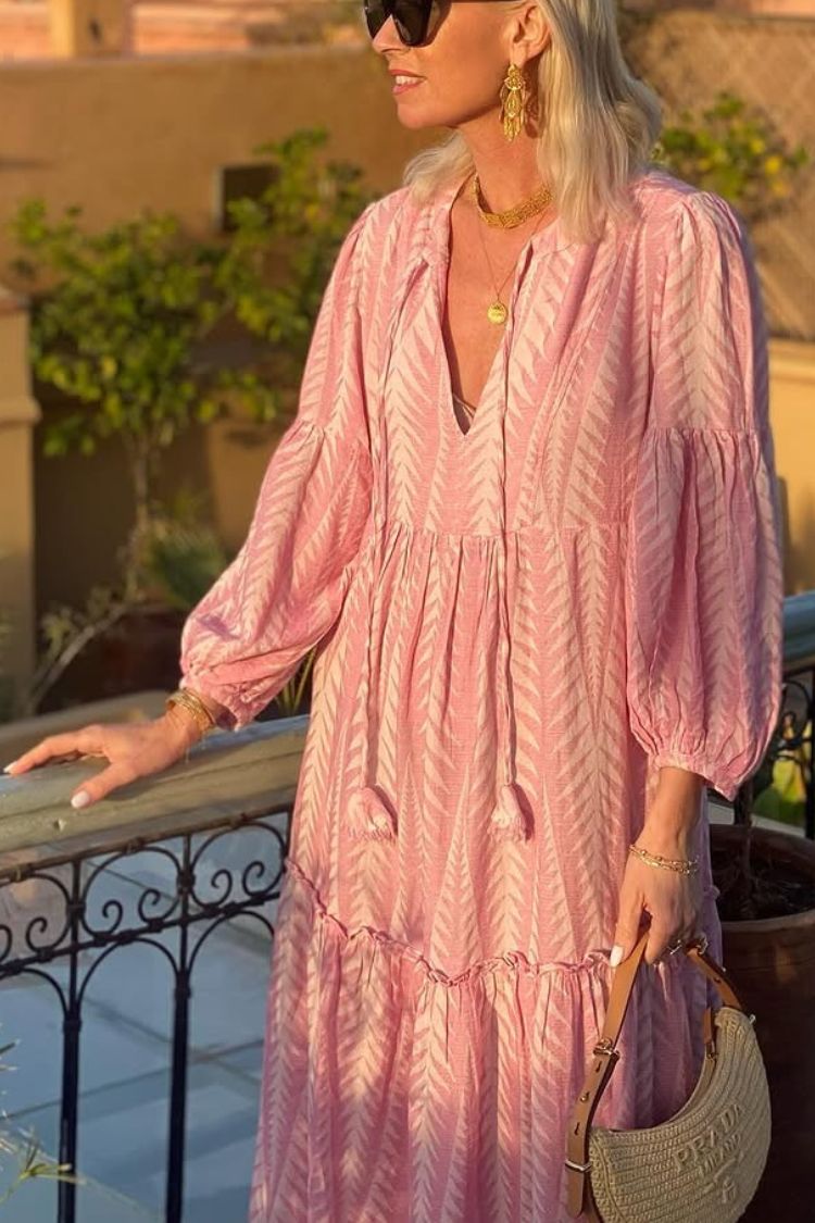 LP | Marrakech Stories Abito midi stampato in misto lino con maniche a palloncino e tasche ad A