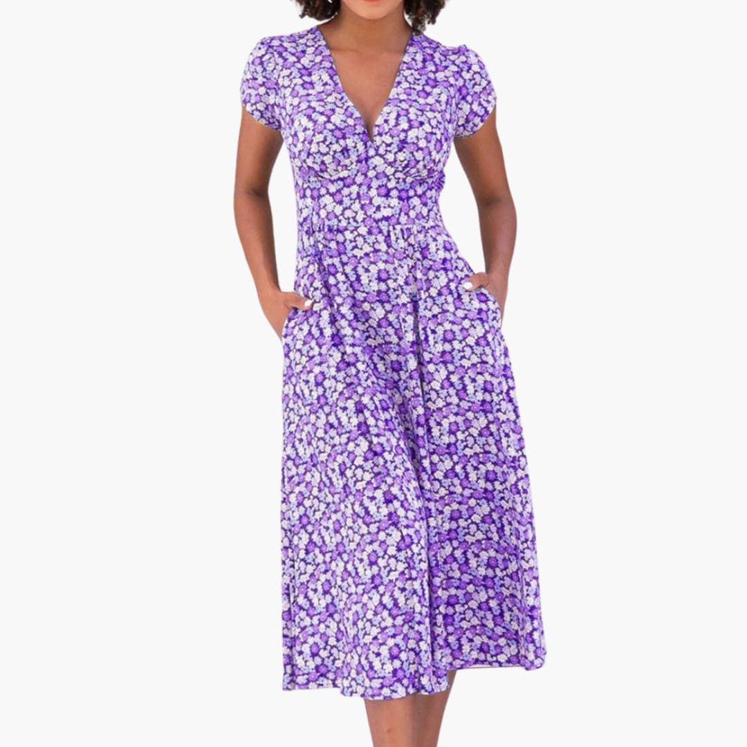 LP | Abito midi floreale da donna con tasche e maniche corte