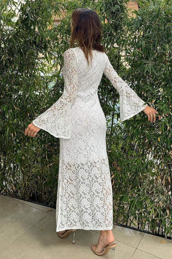 LP | Luxe Lifestyle - Vestito midi in pizzo con scollo quadrato e maniche a campana, foderato e con spacco