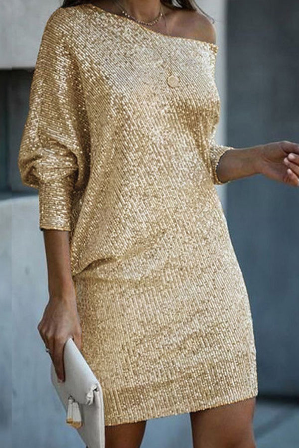 LP | Paillettes solide off-shoulder Mini abito allentato