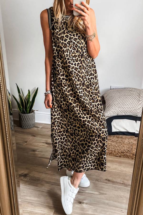 LP | Abito midi senza maniche a righe nere a contrasto con stampa leopardo
