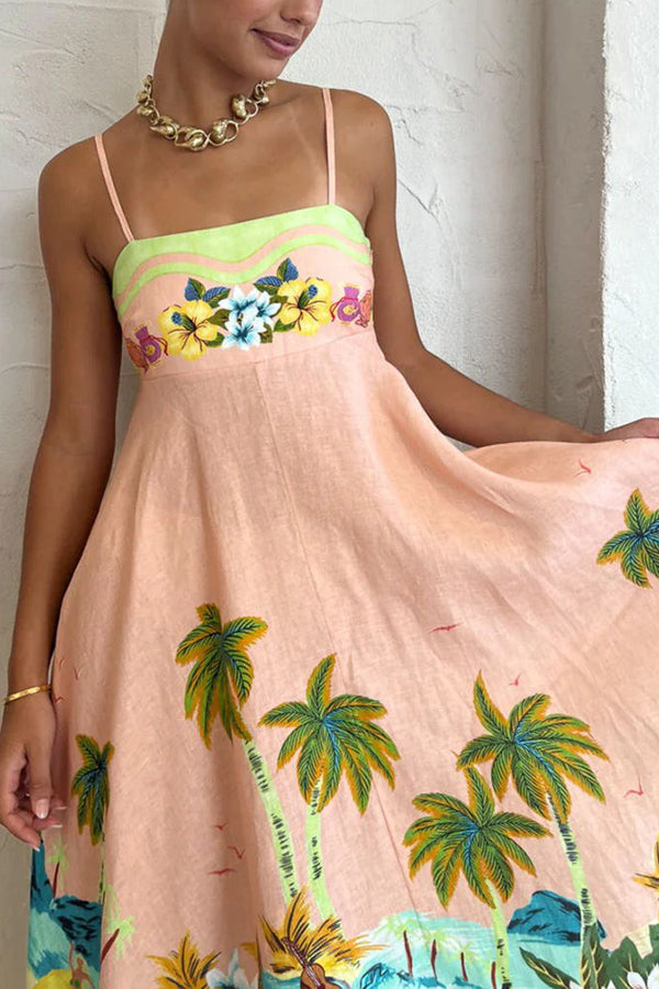 LP | Coconut Scenery in misto lino con stampa tropicale e abito midi con schienale smockato