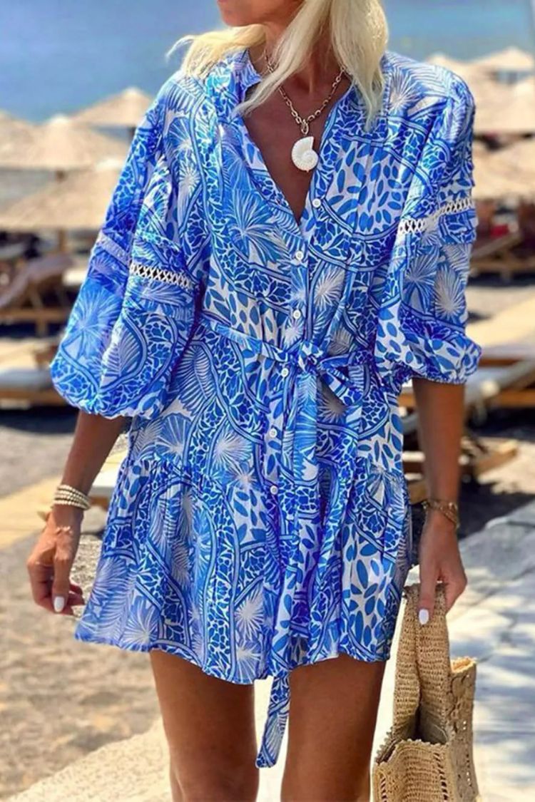 LP | Moda Stand Up Collar Shift Stampato Resort Mini Abito